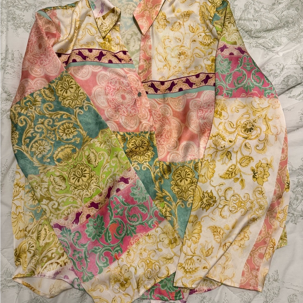 Zara Multicolor Patchwork Satin Button-Down Shirt